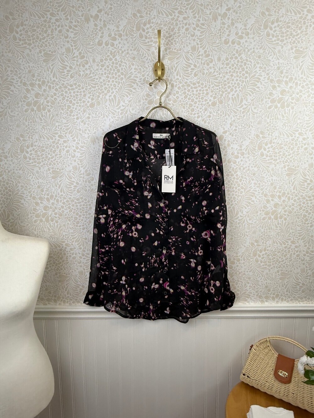 RM Rebecca Minkoff Black and Purple Sheer Blouse - Size - Medium - NWT